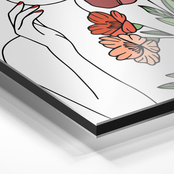 Main et fleurs roses en line art minimaliste — Aluminium Dibond relief 3D
