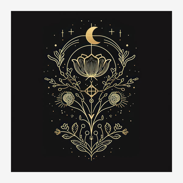 Fleur de lune et botanique or line art, noir — Toile sur châssis