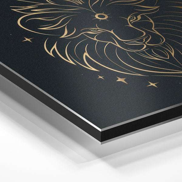 Tête de lion stylisée, line art noir et or — Aluminium Dibond