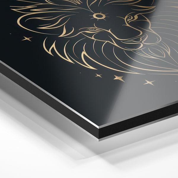 Tête de lion stylisée, line art noir et or — Aluminium Dibond relief 3D