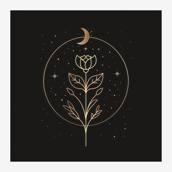Fleur line art et lune dorée, noir et blanc — Toile sur châssis