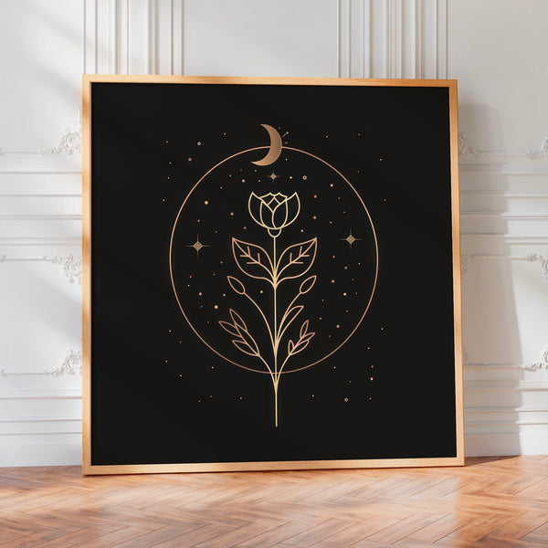 Fleur line art et lune dorée, noir et blanc — Poster HP mat