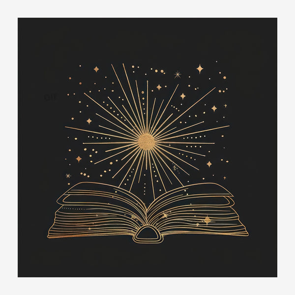 Livre ouvert et soleil radieux, line art noir et or — Toile sur châssis