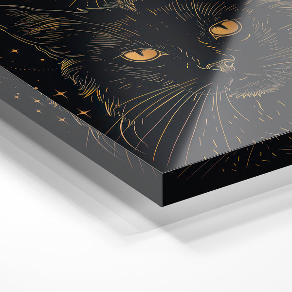 Chat ésotérique noir et or, line art mystique — Verre acrylique