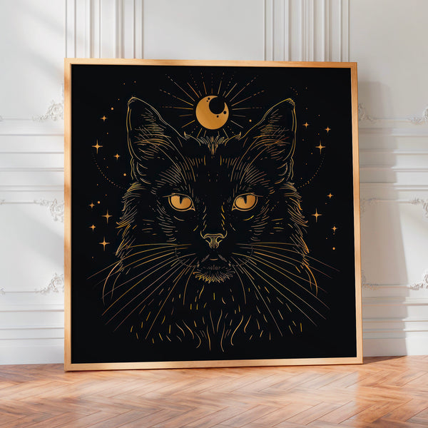 Chat ésotérique noir et or, line art mystique — Poster HP mat
