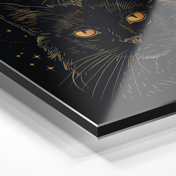 Chat ésotérique noir et or, line art mystique — Aluminium Dibond relief 3D