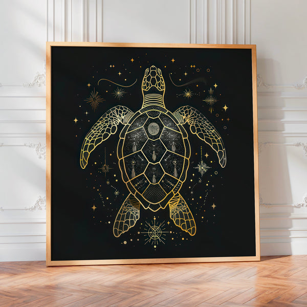 Tortue marine mystique, line art noir et or — Poster HP mat