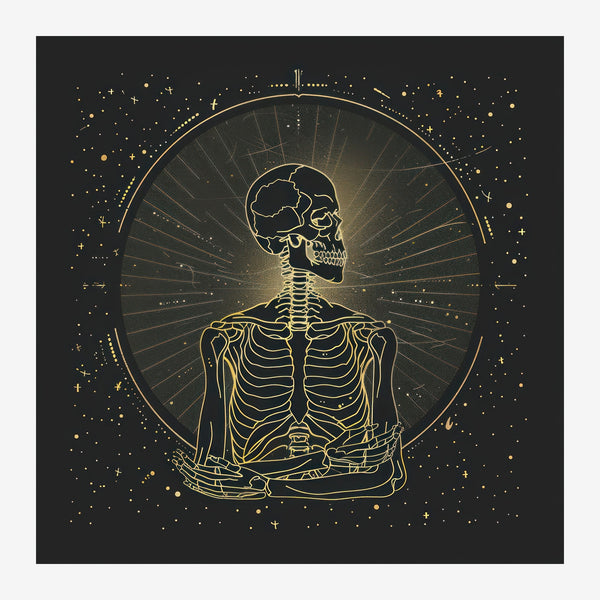 Squelette en méditation, line art doré et noir — Toile sur châssis