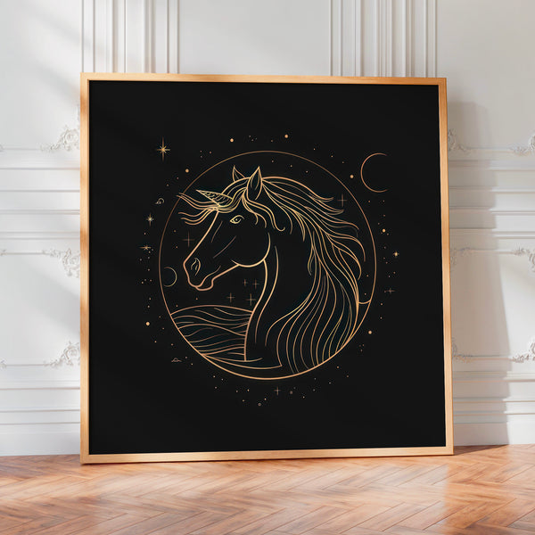 Licorne céleste en line art doré et noir — Poster HP mat