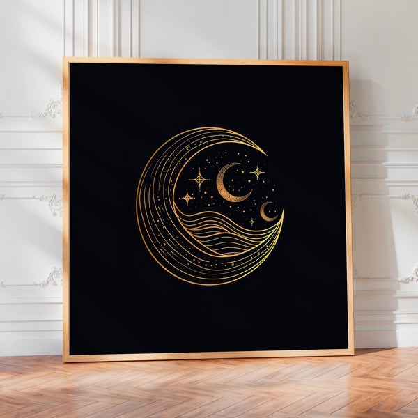 Lune et étoiles, line art minimaliste noir et or — Poster HP mat