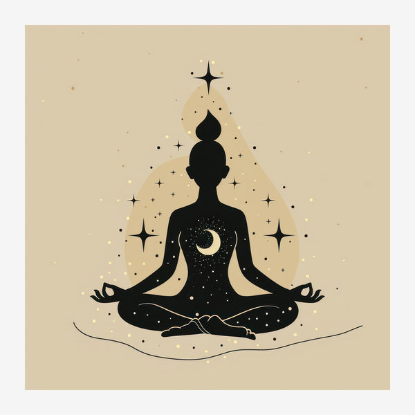 Silhouette méditative, étoiles et lune en line art — Toile sur châssis
