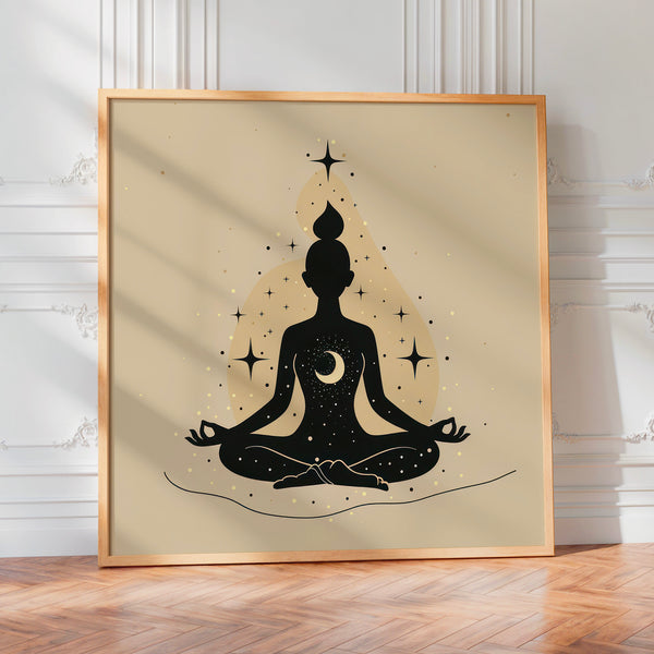 Silhouette méditative, étoiles et lune en line art — Poster HP mat