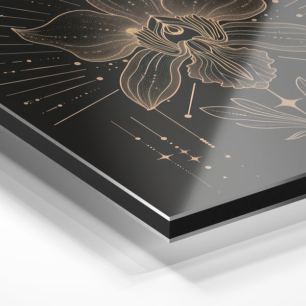 Orchidée dorée géométrie sacrée line art — Aluminium Dibond relief 3D