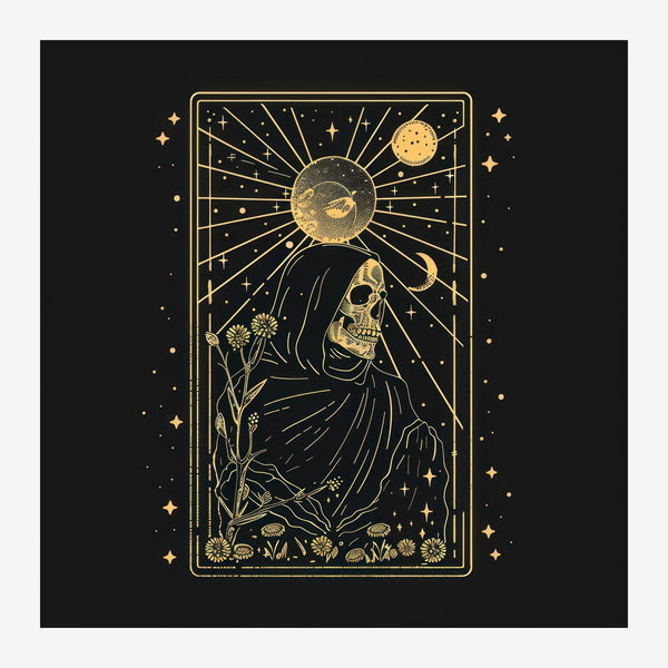 La Faucheuse et les Étoiles, tarot doré noir — Toile sur châssis