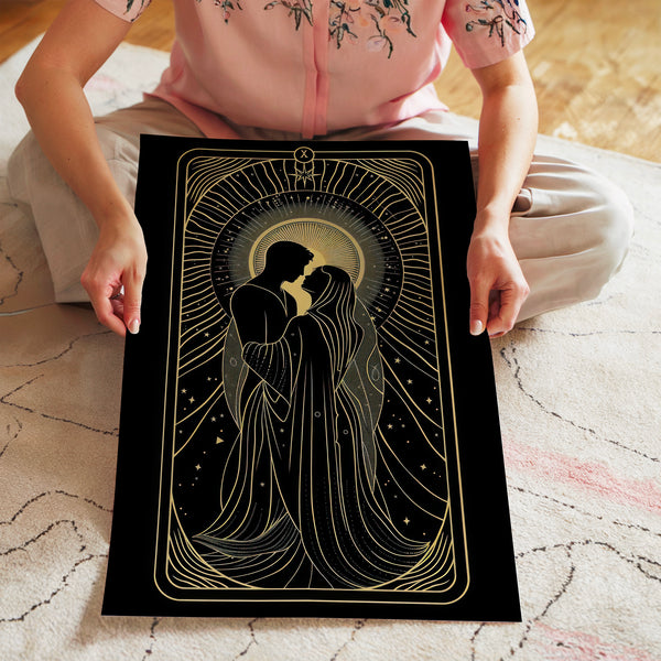 Les Amants étoilés, affiche art déco noir et or — Poster HP mat