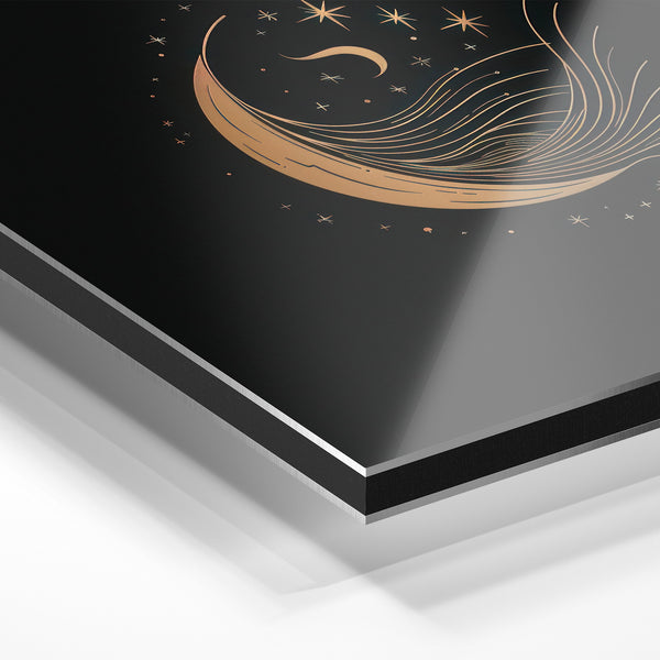 Lune et étoiles line art, noir et or minimaliste — Aluminium Dibond relief 3D