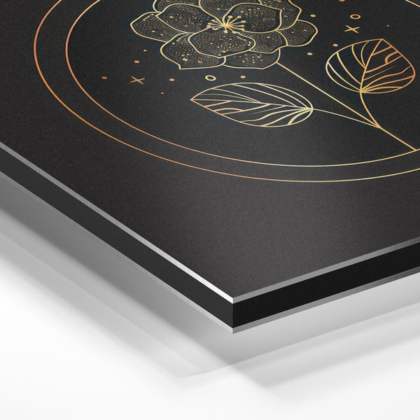 Fleur géométrique or et noir, line art botanique — Aluminium Dibond