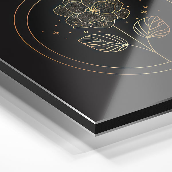 Fleur géométrique or et noir, line art botanique — Aluminium Dibond relief 3D