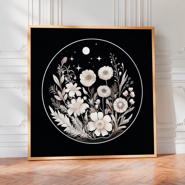 Fleurs nocturnes en cercle – art noir et blanc — Poster HP mat