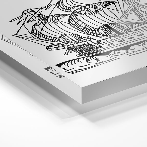 Voilier ancien noir et blanc, affiche line art — Verre acrylique