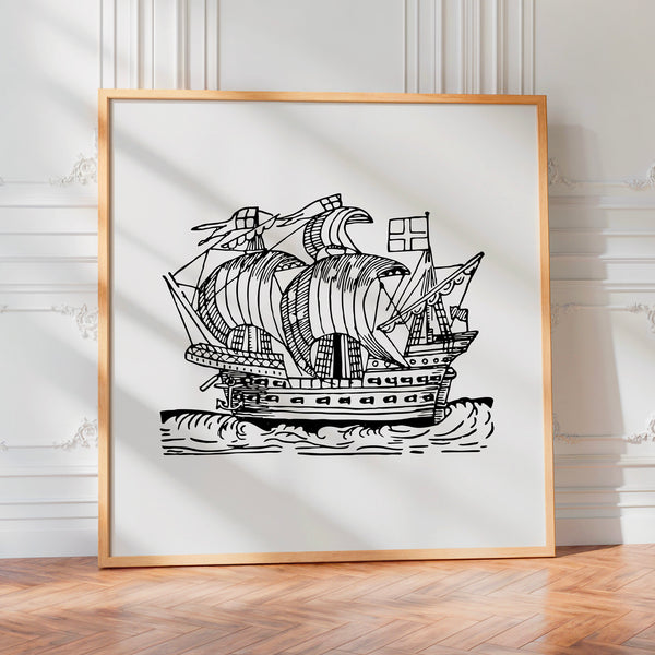 Voilier ancien noir et blanc, affiche line art — Poster HP mat
