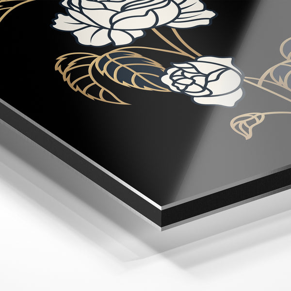 Roses blanc et or - Line art noir et blanc — Aluminium Dibond relief 3D