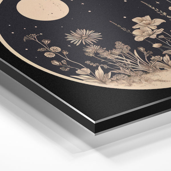 Fleurs nocturnes et lune, affiche noir et blanc — Aluminium Dibond