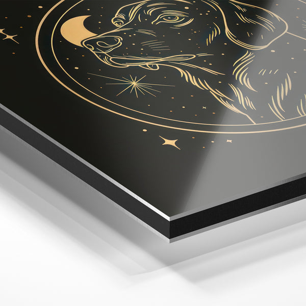Chien et lune, portrait zodiacal doré mystique — Aluminium Dibond relief 3D