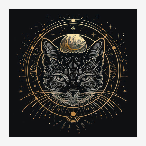 Chat ésotérique mandala doré, noir et or — Toile sur châssis