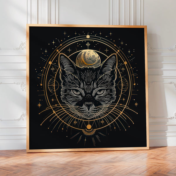 Chat ésotérique mandala doré, noir et or — Poster HP mat