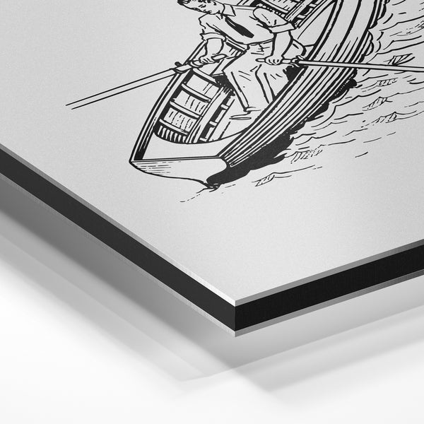 Homme à la rame, dessin au trait noir et blanc — Aluminium Dibond