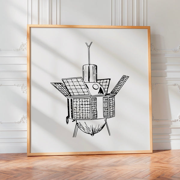 Satellite rétrofuturiste, dessin au trait noir et blanc — Poster HP mat