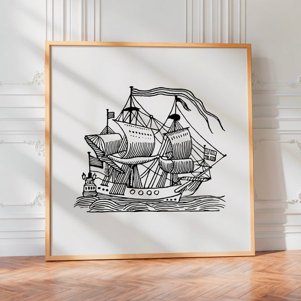 Voilier historique en noir et blanc, line art — Poster HP mat