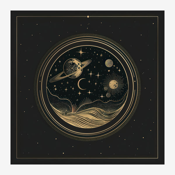 Univers en cercle, design astrologique doré et noir — Toile sur châssis