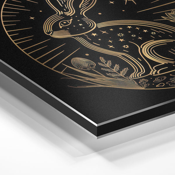 Lapin cosmic noir et or, affiche line art — Aluminium Dibond