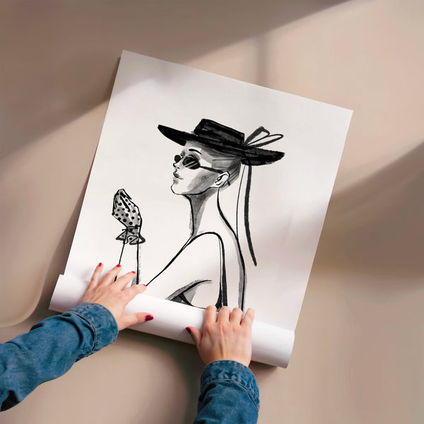 Portrait élégant à chapeau, noir et blanc — Poster HP mat