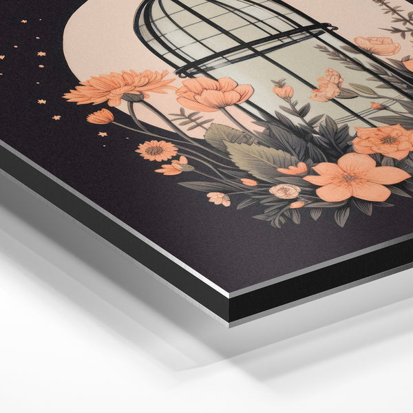Cage fleurie sous la lune, noir et pêche — Aluminium Dibond