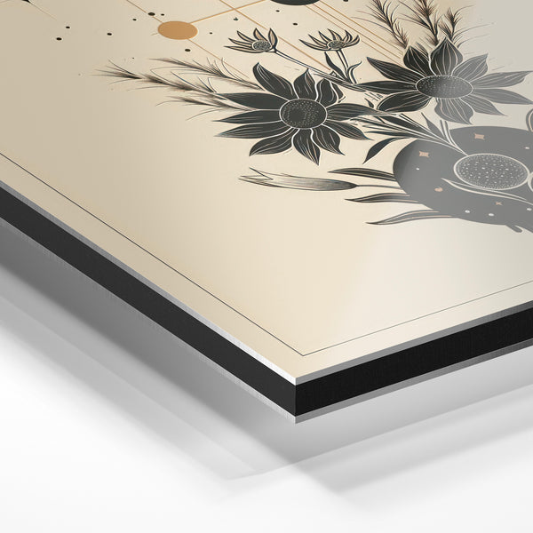 Fleurs et lune line art minimaliste beige — Aluminium Dibond relief 3D
