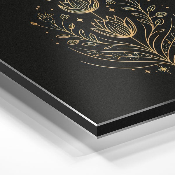 Lotus et feuillages dorés en ligne art noir — Aluminium Dibond