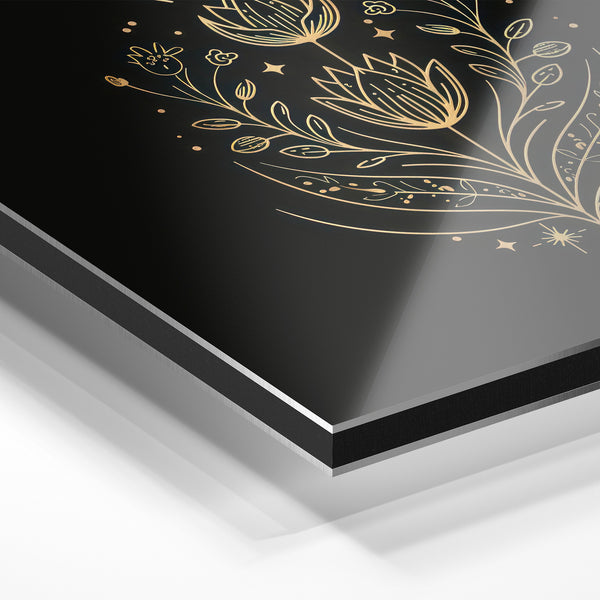 Lotus et feuillages dorés en ligne art noir — Aluminium Dibond relief 3D