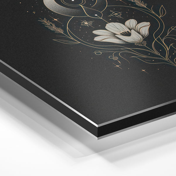 Fleur cosmique et lune, line art noir et or — Aluminium Dibond