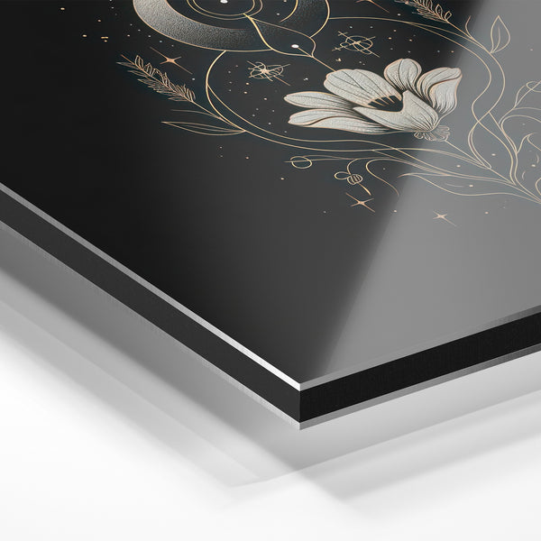 Fleur cosmique et lune, line art noir et or — Aluminium Dibond relief 3D