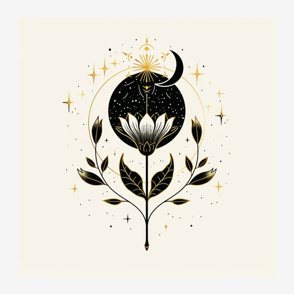 Lotus mystique or et noir, line art botanique — Toile sur châssis