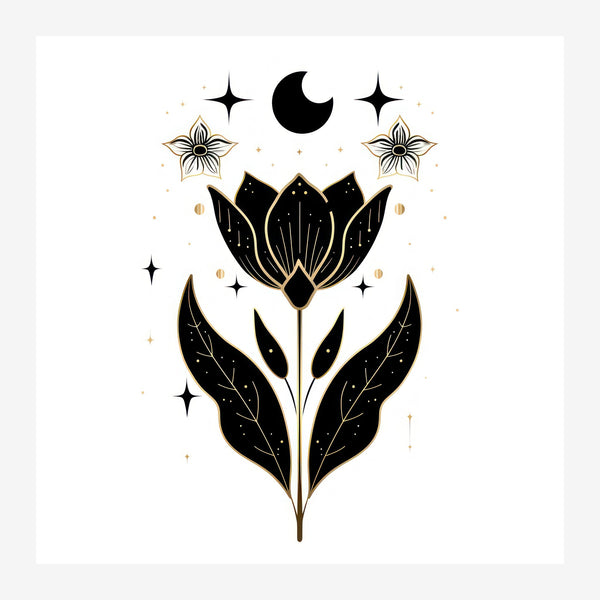 Fleur céleste line art noir et or minimaliste — Poster HP mat