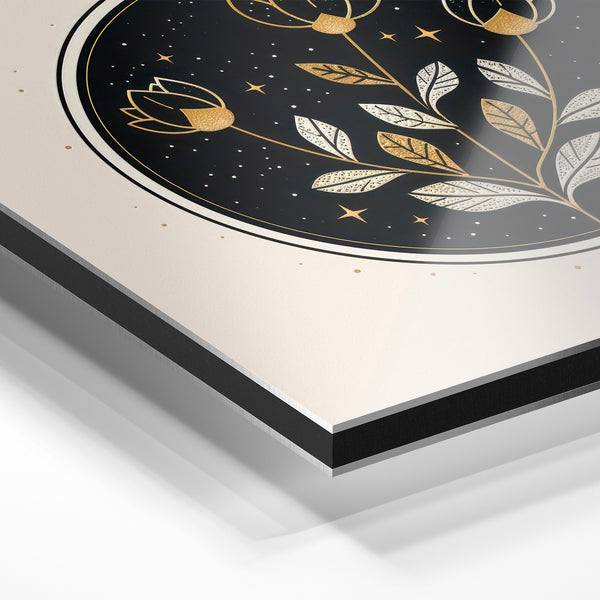 Fleur de lotus céleste en ligne or et noir — Aluminium Dibond relief 3D