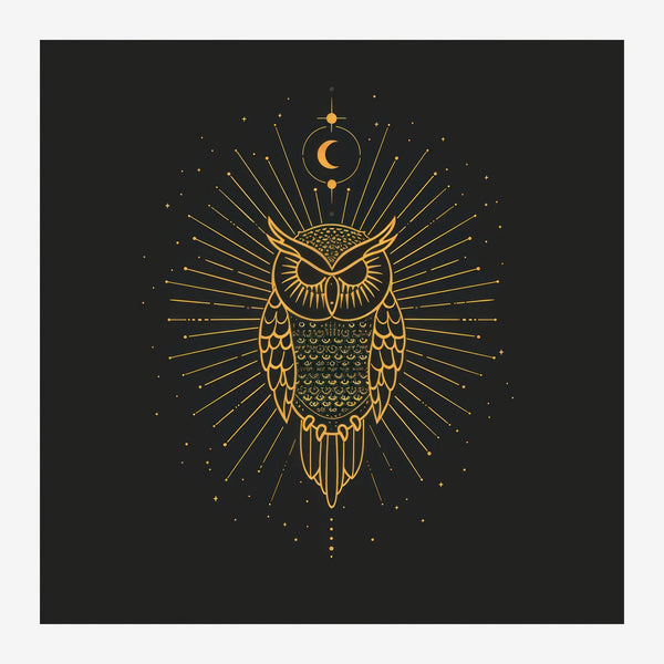 Hibou doré et lune, line art mystique noir et or — Toile sur châssis