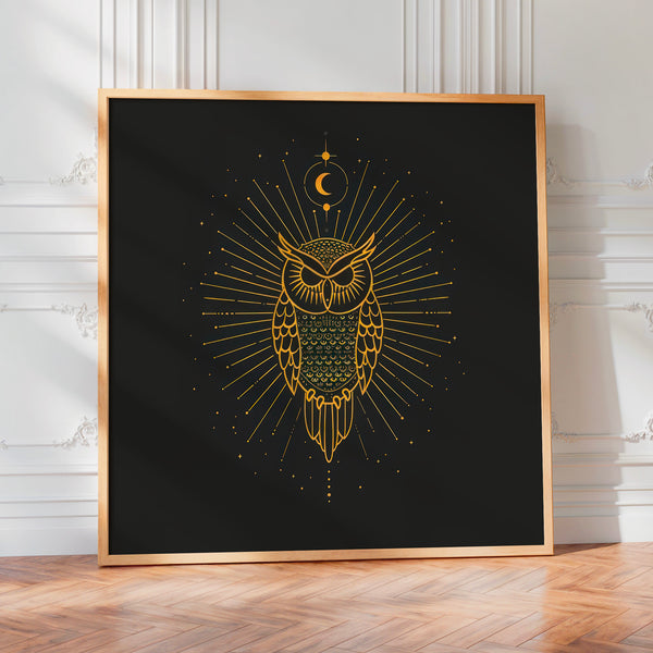 Hibou doré et lune, line art mystique noir et or — Poster HP mat