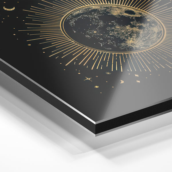 Lune dorée et étoiles, line art noir et or — Aluminium Dibond relief 3D