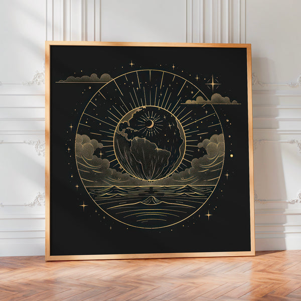 Terre et soleil, affiche cosmique noir et or — Poster HP mat