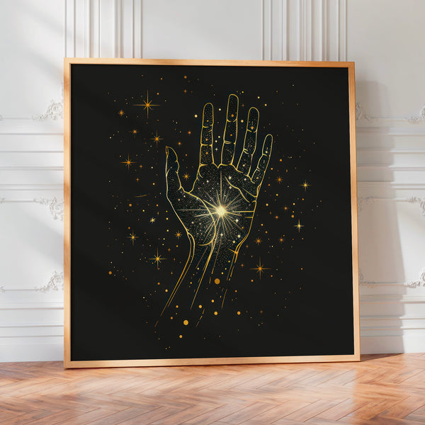 Main cosmique en line art noir et or luminescent — Poster HP mat